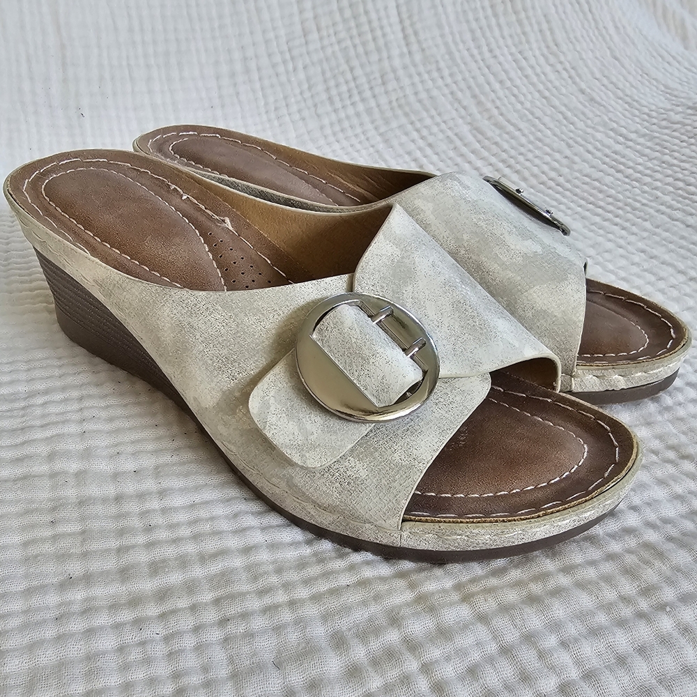 Wedge Mule Sandals, Open Toe with Buckles in Ivory, Size 8 Medium